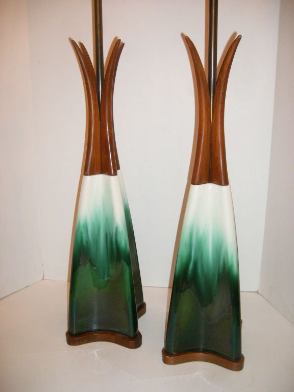 Pair of Square Green Porcelain Lamps