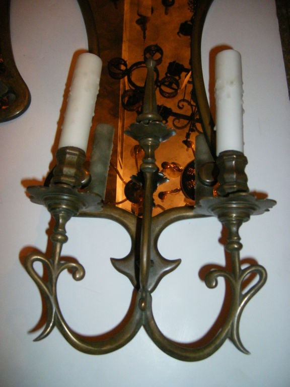 American Pair of Bronze Sconces with Mirror Back For Sale