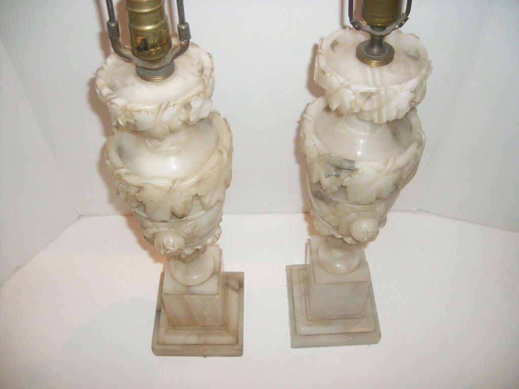 Hand-Carved Pair of Carved Alabaster Lamps For Sale