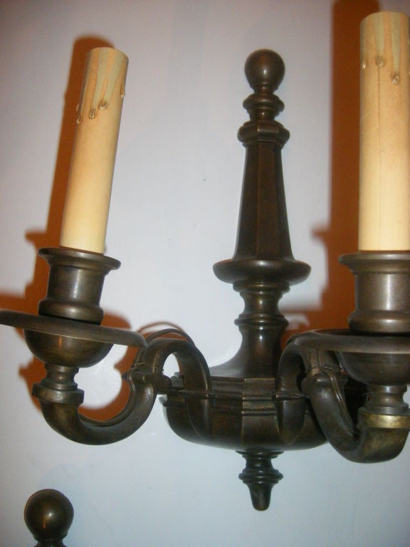 Pair of Patinated Bronze American Sconces For Sale 1