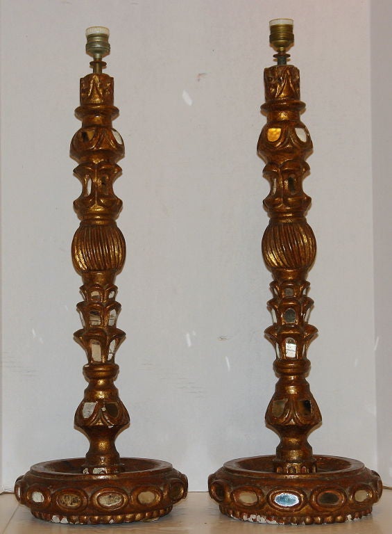 Italian Pair of Mirrored Candlestick Table Lamps For Sale