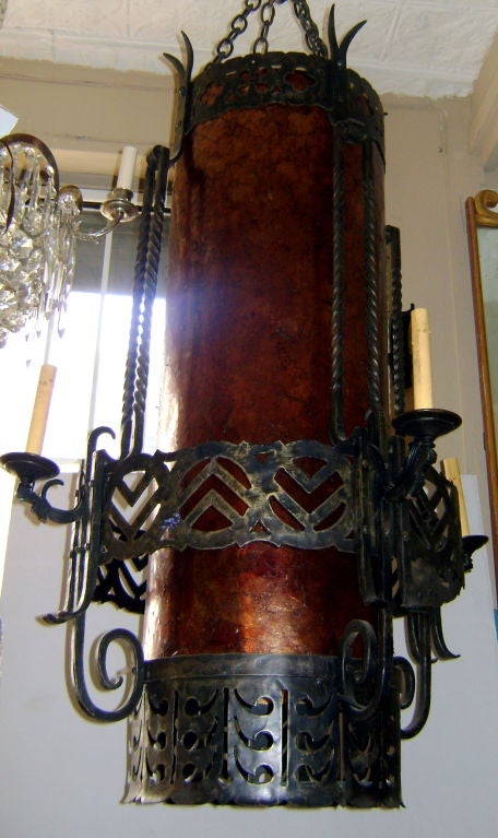 Italian Large Wrought Iron and Mica Lantern For Sale