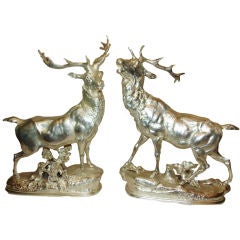 Antique Pair of Silver Stags Sculptures