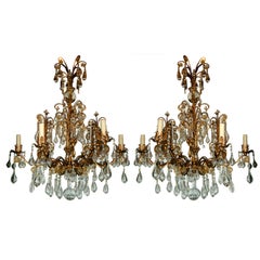 Pair of Git Metal Chandeliers with Crystals