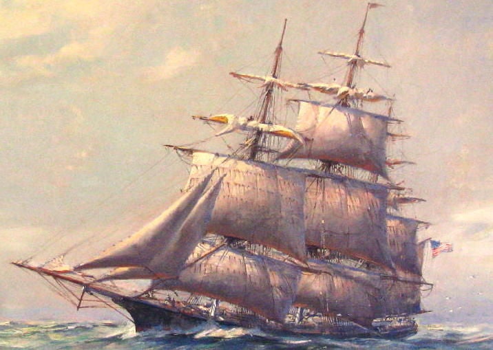 Frank Vining Smith.1879-1967. Oil on canvas painting of a Clipper Ship flying the American Flag.