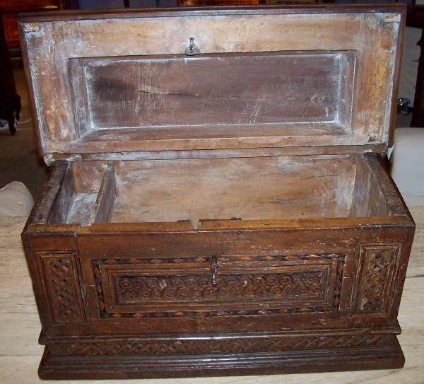 A rare 16th Century Italian Intasia Decorated Box with the original iron key.
