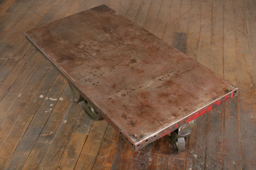 20th Century Vintage Industrial All Metal Wheeled Cart/Coffee Table