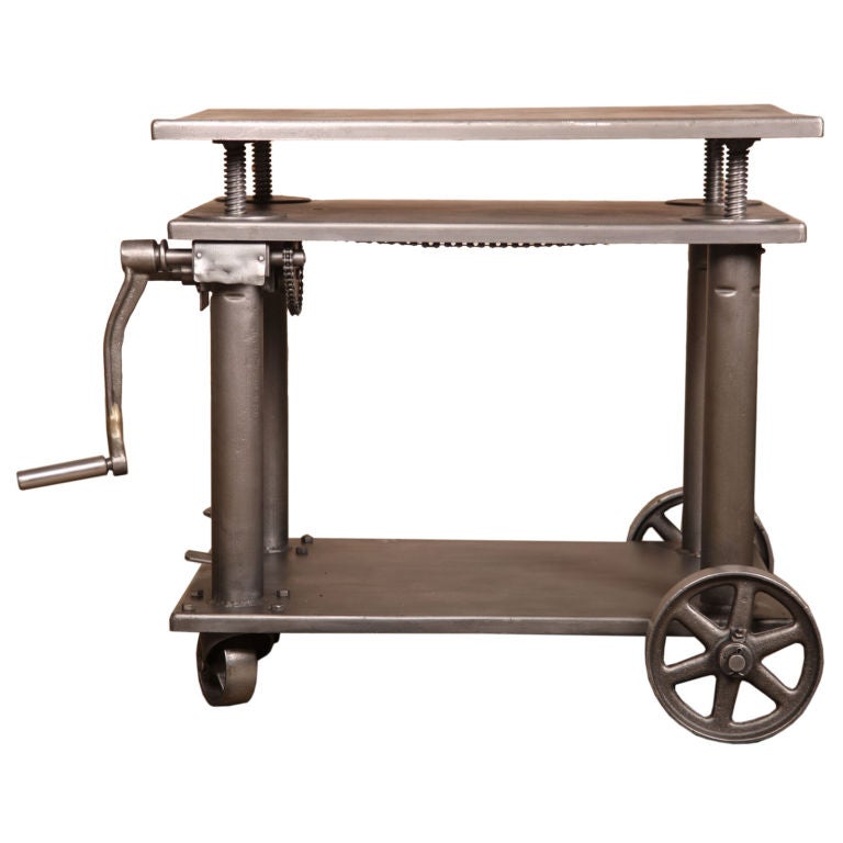 Vintage Industrial Adjustable Metal Die Lift Cart / Table