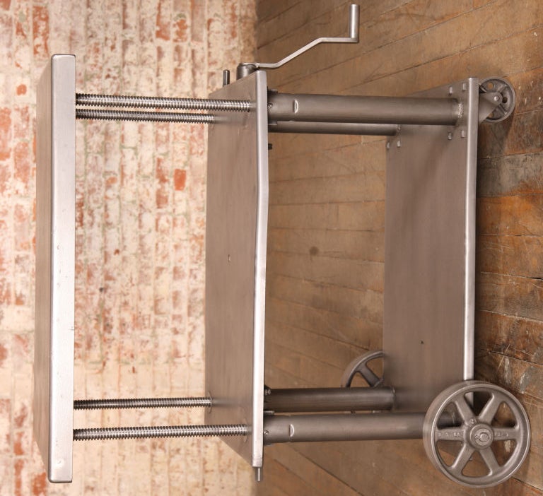 Vintage Industrial Adjustable Metal Die Lift Cart/Table.  Top measures 34