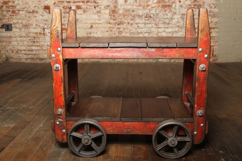 Industrial Wood & Steel Bar Cart/End Table on Wheels