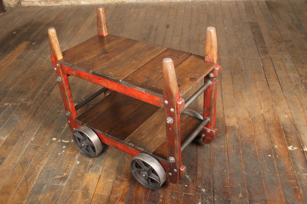American Industrial Wood & Steel Bar Cart/End Table on Wheels