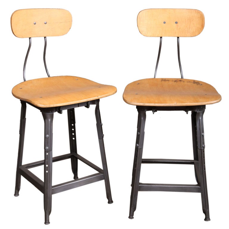 Pair of 2 Vintage Industrial Adjustable Plywood & Metal Stools
