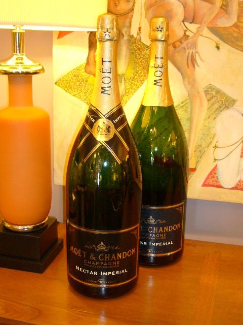 Just in time for the holidays! Massive Mathusalem size champagne bottles of Moet & Chandon nectar imperial. Great for the bar or tabletop display. Over two feet high! These made for purveyors of Champagne and fine wines. Champagne not included.