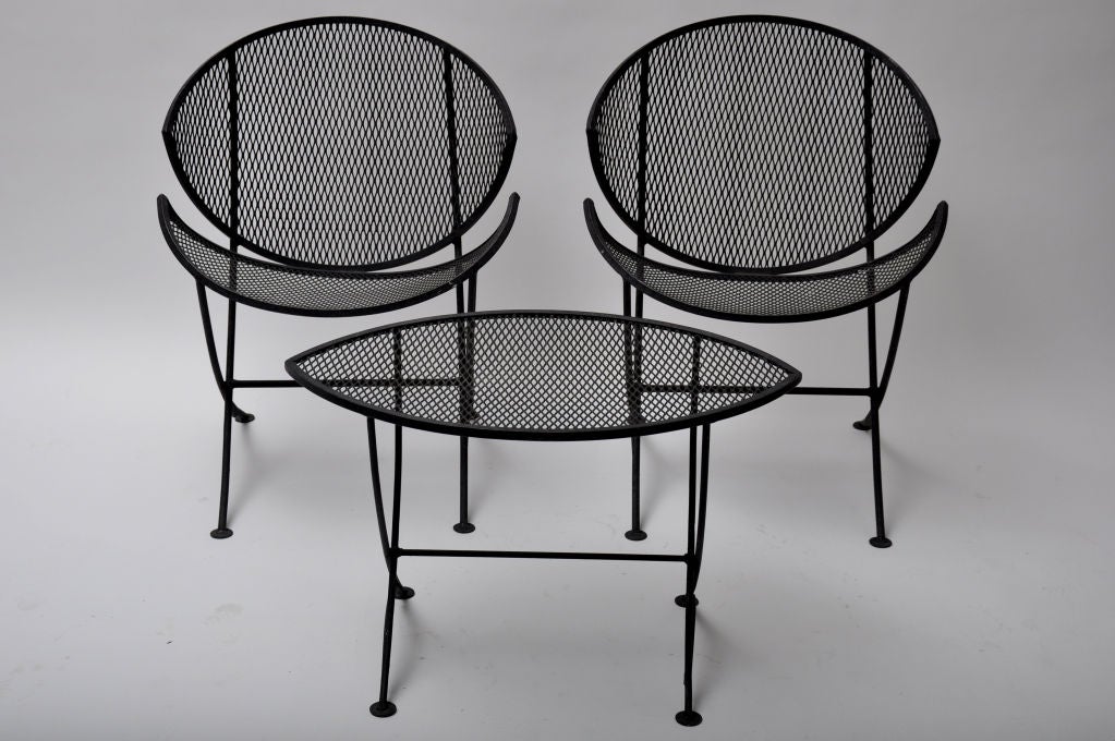 INTERESTING 3 PIECE BLACK ALUMINUM OUTDOOR PATIO SET.  TWO CHAIRS AND A TABLE.   THE THREE PIECES ARE GOOD SIZE FOR A BALCONY.  Chairs measure 22-1/4