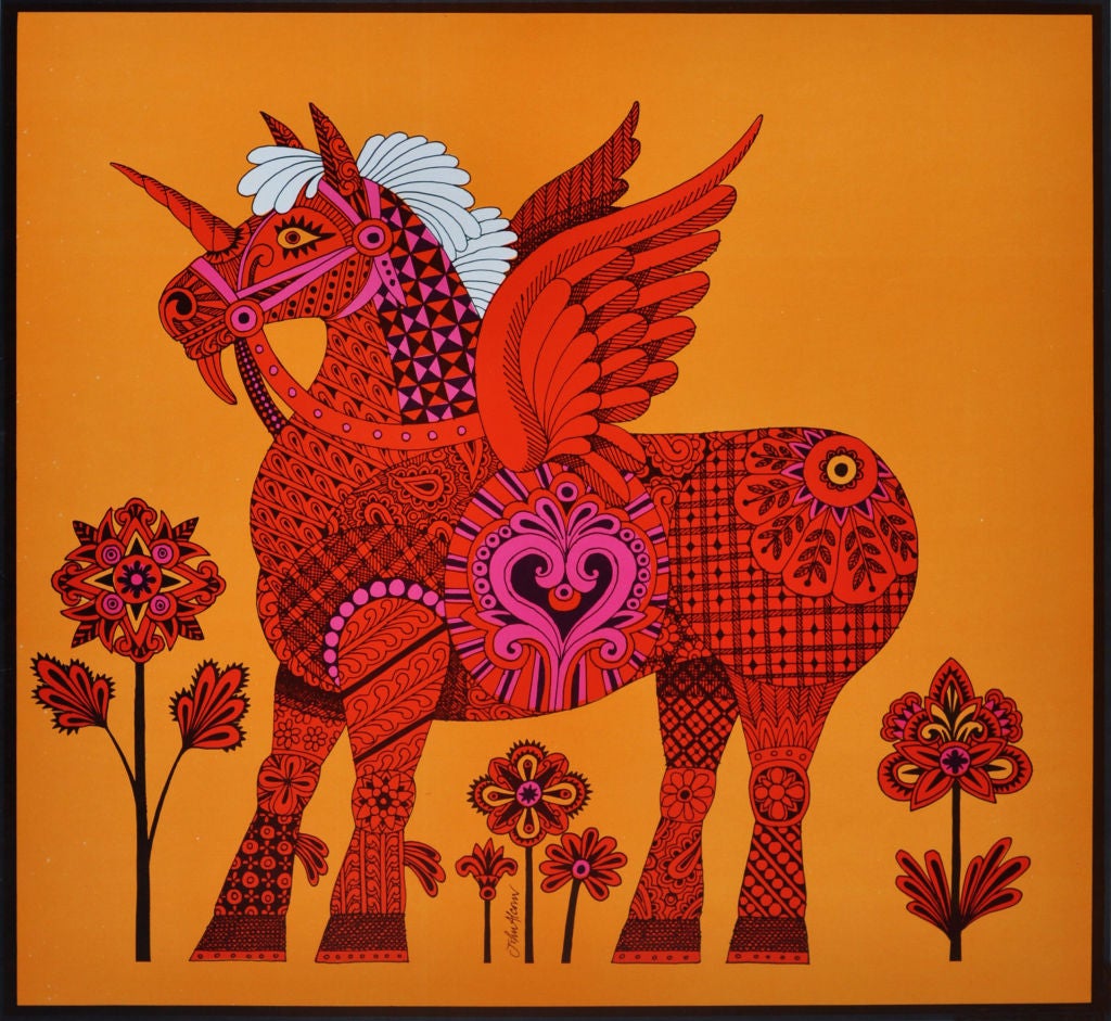 FRAMED LITHOGRAPH BY JOHN ALCORN FOR A PIN THE TAIL ON THE WINGED HORSE GAME!  TAILS AND MASK TO CUT OUT.  GREAT 1960S STYLE.  PINK ORANGE AND BLACK