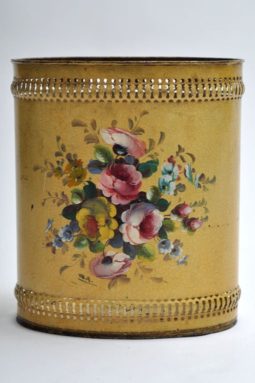 PAINTED DECORATIVE TOLE WASTE BASKET FROM FRANCE WITH PIERCED RIM