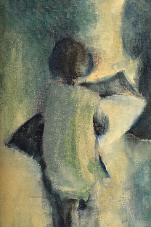 Mid-20th Century Umbrella Girls Oil Painting Mid Century Modern