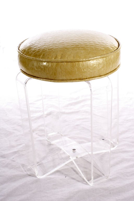 Lovely lucite vanity stool re-upholstered in cream patent leather croc.