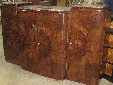 French Art Deco Flame Mahogany Sideboard with Rose Marble Top