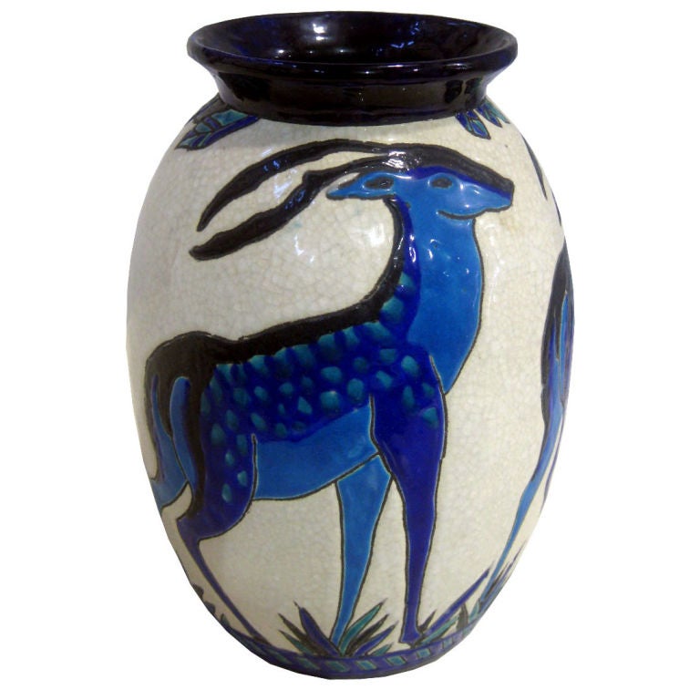 Charles Catteau French Art Deco Deer Vase For Sale
