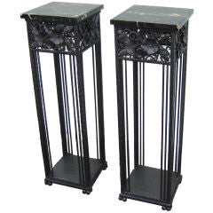 Pair French Art Deco Wrought Iron and Marble Pedestals