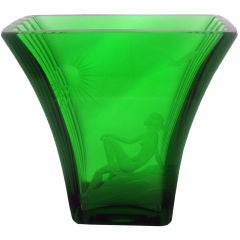 Swedish Art Deco Emerald Green Etched Glass Vase