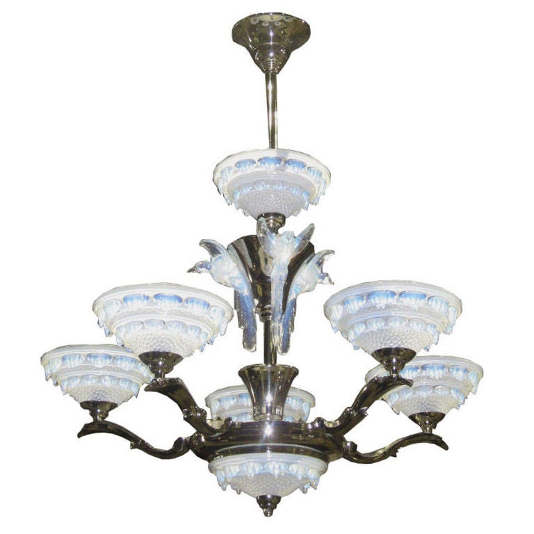 French Art Deco Opalescent Glass Chandelier Birds In Winter For Sale