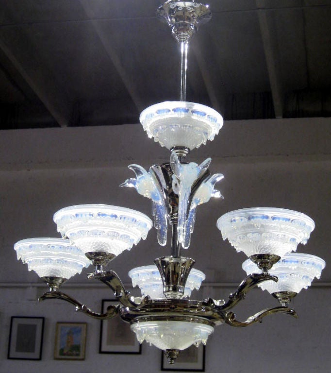 French Art Deco Opalescent Glass Chandelier Birds In Winter