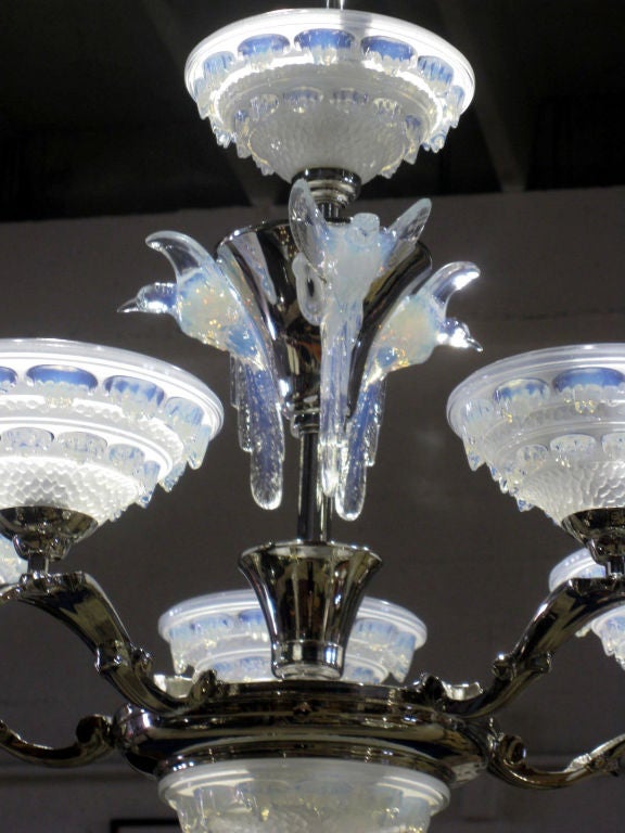 20th Century French Art Deco Opalescent Glass Chandelier Birds In Winter For Sale