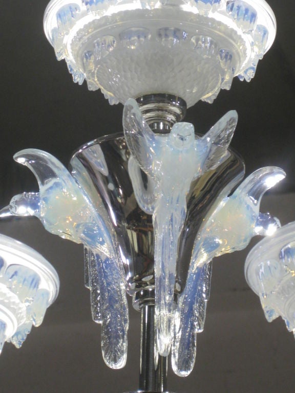 Opaline Glass French Art Deco Opalescent Glass Chandelier Birds In Winter For Sale