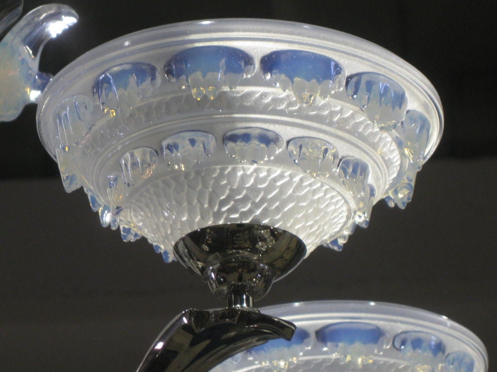 French Art Deco Opalescent Glass Chandelier Birds In Winter For Sale 1