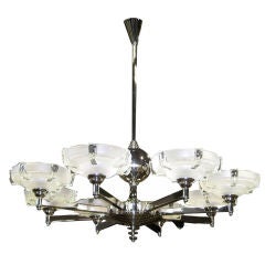 Vintage French Art Deco Eight Arm Chandelier with Chipped Ice Shades