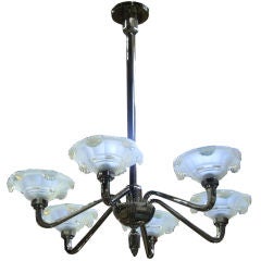 French Art Deco Opalescent Icicles Six Arm Chandelier