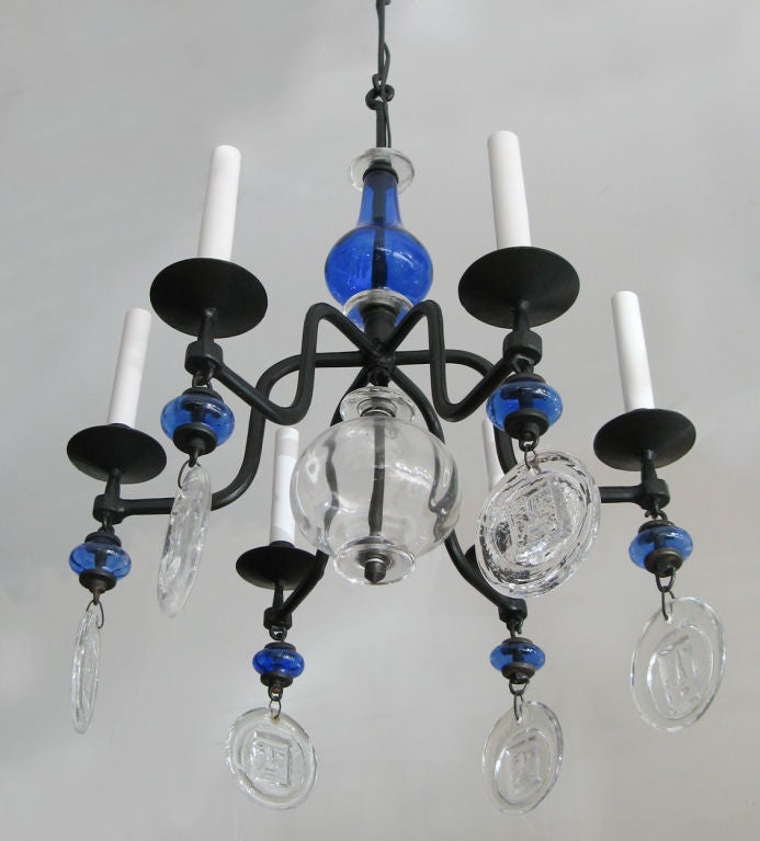 Swedish Erik Hoglund 6-arm chandelier, electrified, wrought iron frame.