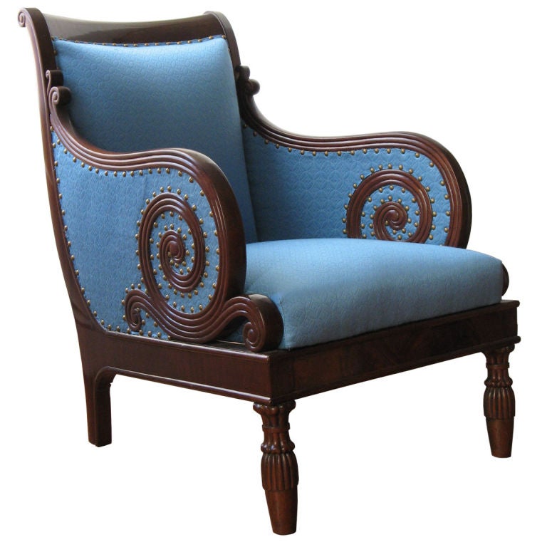 Swedish Neoclassical bergere, scrolled arms, mahogany 1820.
