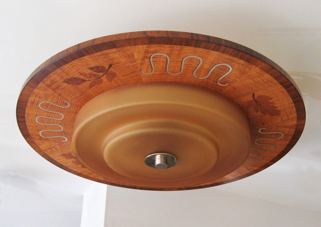 Mjolby Intarsia Swedish Art Deco marquetry, pewter ceiling lamp