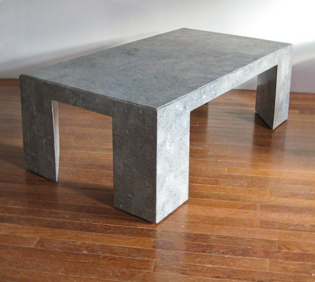 Tessellated fossil stone coffee table on wood frame late 70's