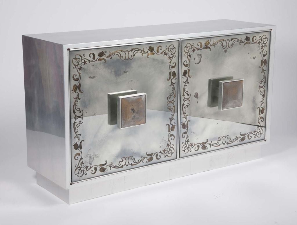 Grosfeld House Silver Leaf Cabinet with Eglomise Mirror Doors