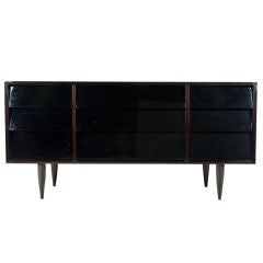 Mid Century Walnut and Black Lacquer 9 Drawer Dresser