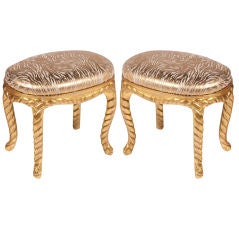 Pair of Gilt Carved Rope Motif  Stools with Stenciled Pony Seats