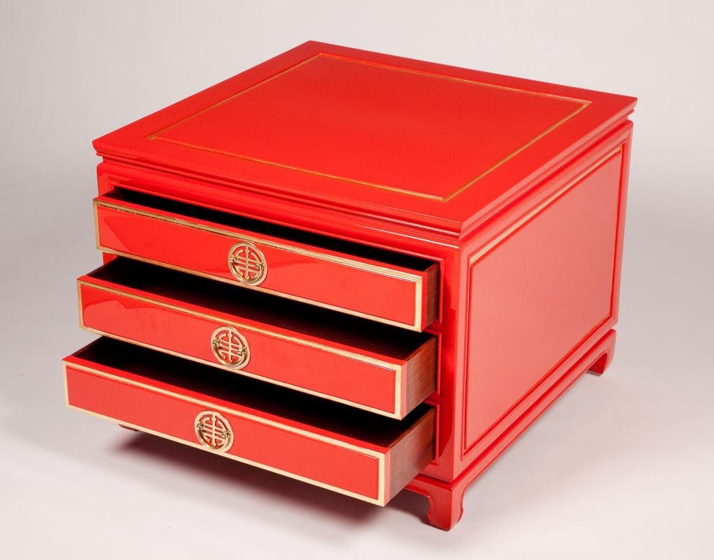 American Pair of Baker Chinese Red Lacquer Side Chests