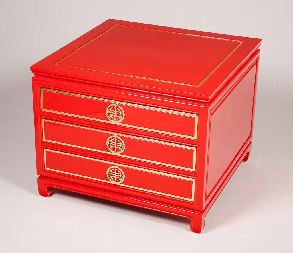 Exceptional pair of Chinese Red Lacquered 3 drawer side tables or nightstands with gold leaf banding and satin brass hardware. Pieces are finished on all 4 sides which allow them to float in a room. Visit Quotientnyc.com to view our complete