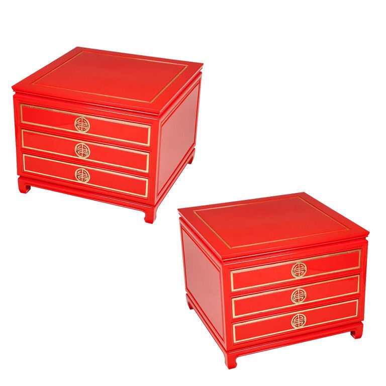 Pair of Baker Chinese Red Lacquer Side Chests