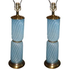 Pair of Blue Murano Glass and Brass Table Lamps