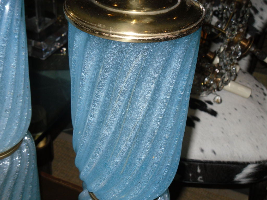 Pair of Blue Murano Glass and Brass Table Lamps