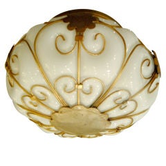 White Murano and Gilt Flush Mount Ceiling Fixture