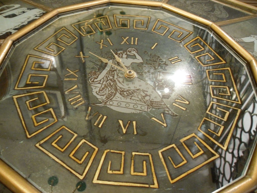 Unknown Mid Century Zodiac Mirror Clock with Hand Painted and Gilt