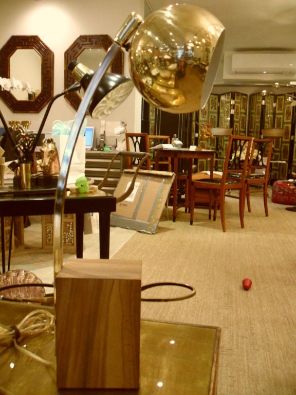 Mid-20th Century Brass and Wood Arc  Desk Lamp