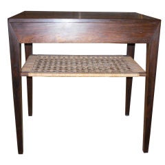 Midcentury Rosewood Side Table with Rattan Shelf