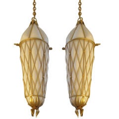 Pair of Murano Opaque White and Gilt Pendant Ceiling Fixtures